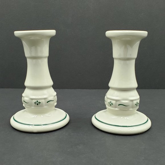 Longaberger Pottery Woven Traditions Heritage Green Candlesticks Candle Holders - Picture 1 of 6